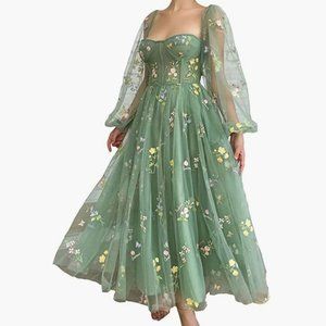 Size 14 Women's Puffy Sleeve Embroidery Tulle Tea Length Formal Dress